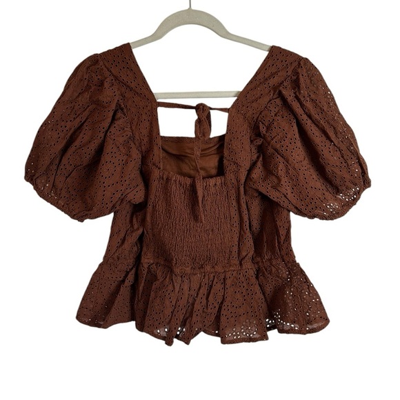 Band of the Free Brown Palmer Eyelet Boho Peplum Stretch Top Womens Sz Large NWT - Picture 5 of 13